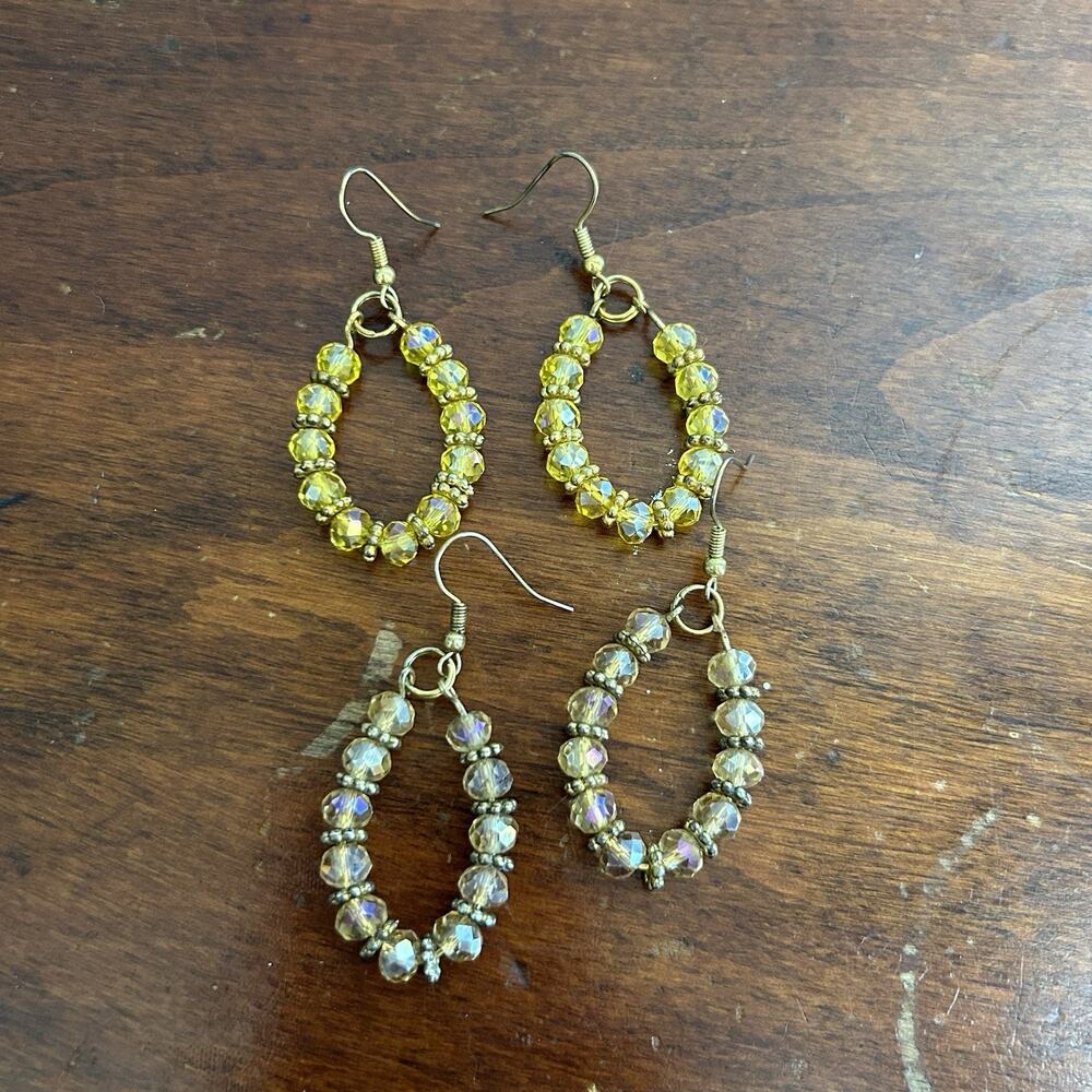 Handmade Yellow And Gold Tone Beaded Teardrop Dangle Earrings x2